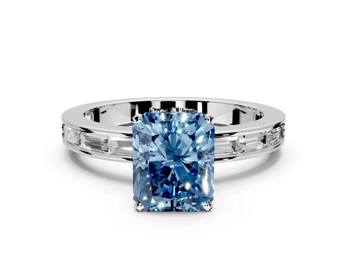 Solitaire Engagement Ring Setting for Fancy Blue Radiant Cut Center with Channel Baguette Band and Prong Head in Platinum