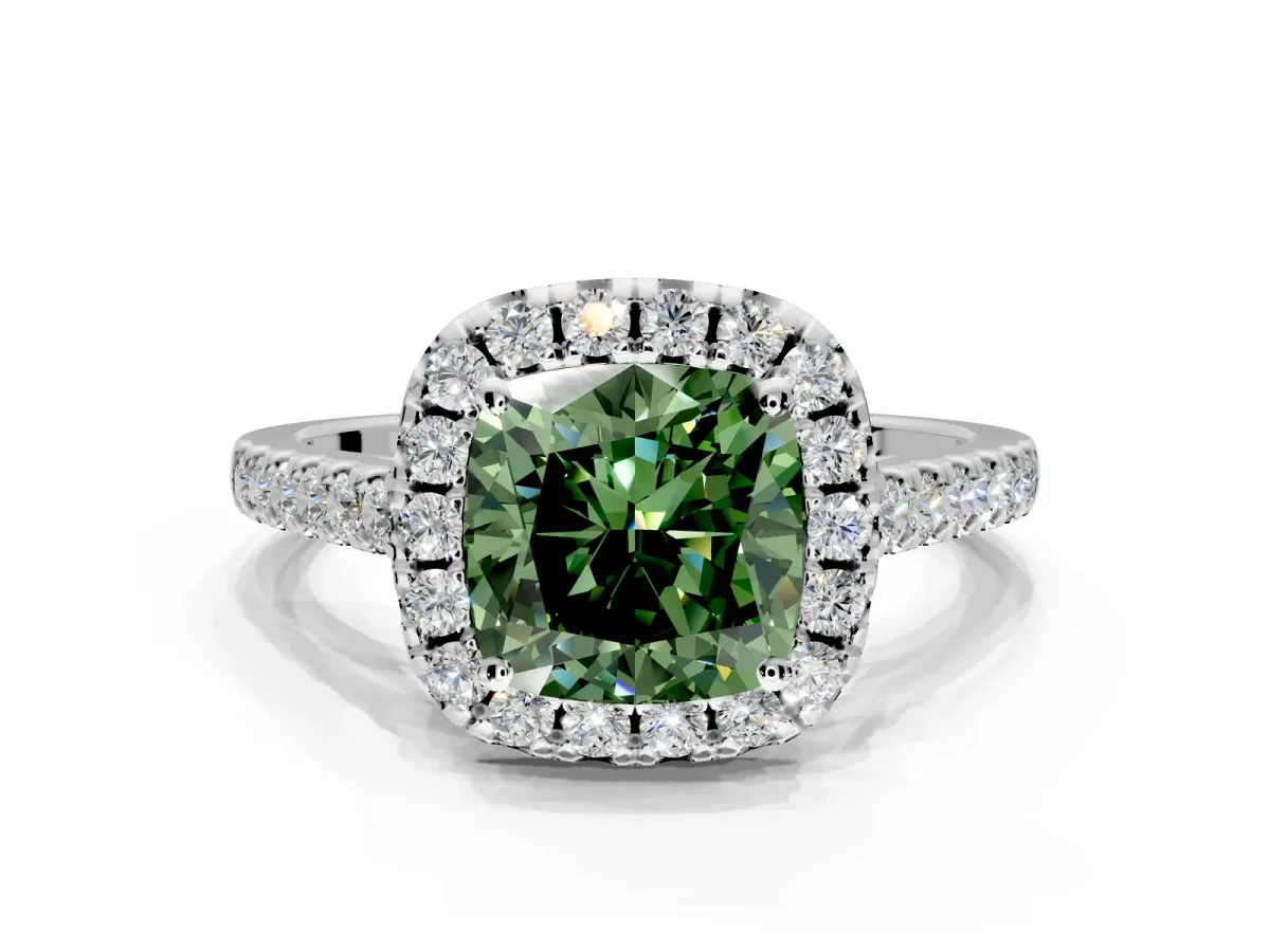 Halo Engagement Ring Setting for Fancy Green Cushion Cut Center with Raised Halo, Pave Band and Prong Head in Sterling Silver