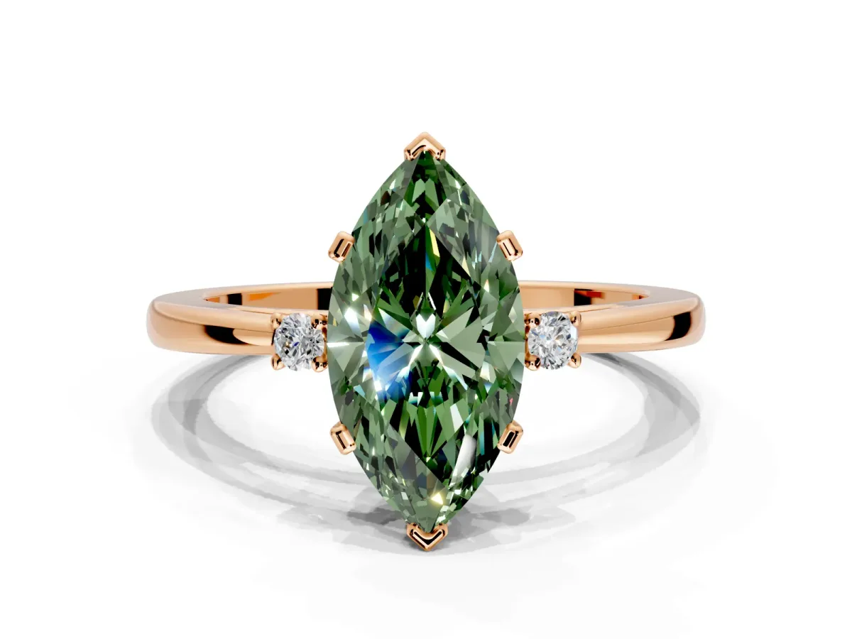 3 Stone Engagement Ring Setting for Fancy Green Marquise Center with Low-Set Round Cut Accents and Prong Head in Rose Gold