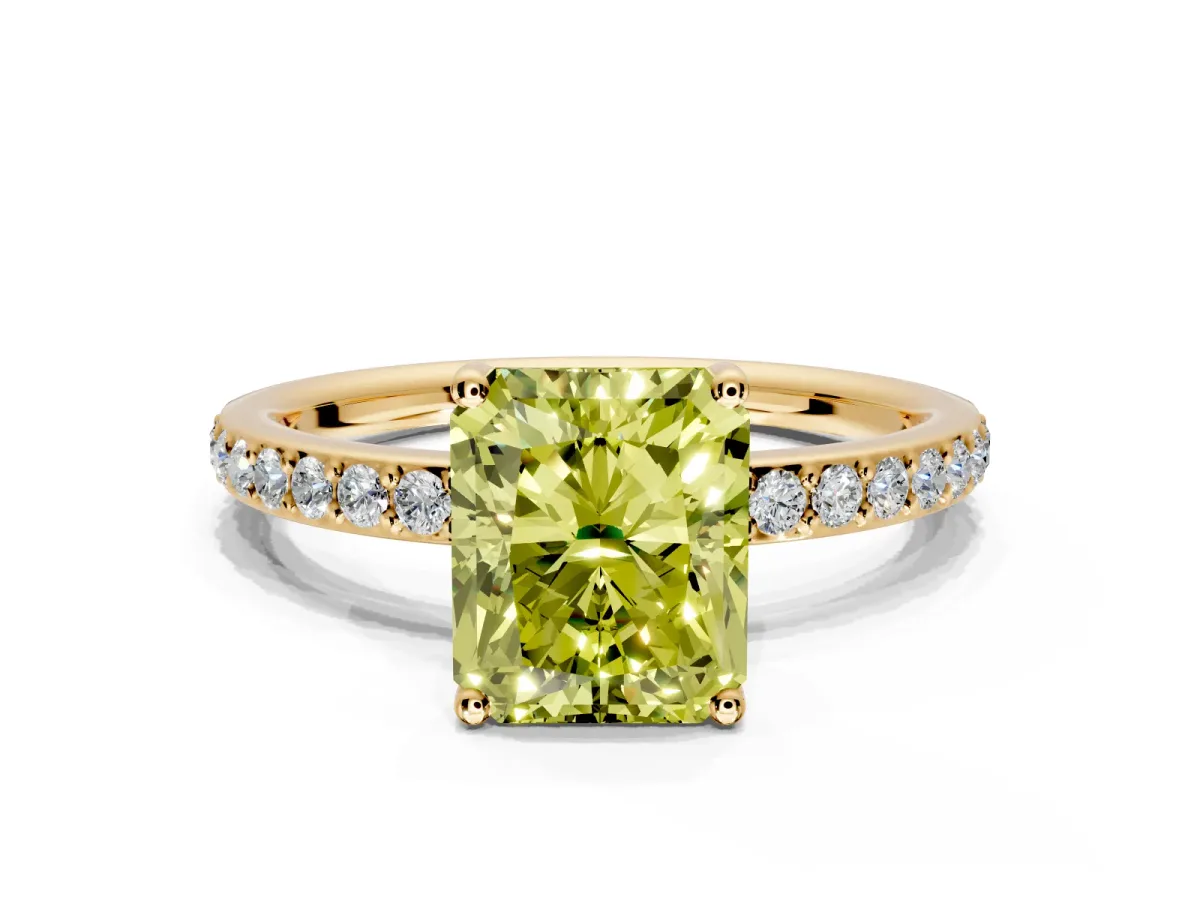 Solitaire Engagement Ring Setting for Fancy Yellow Radiant Cut Center with Fine Pave Band and Prong Head in Yellow Gold