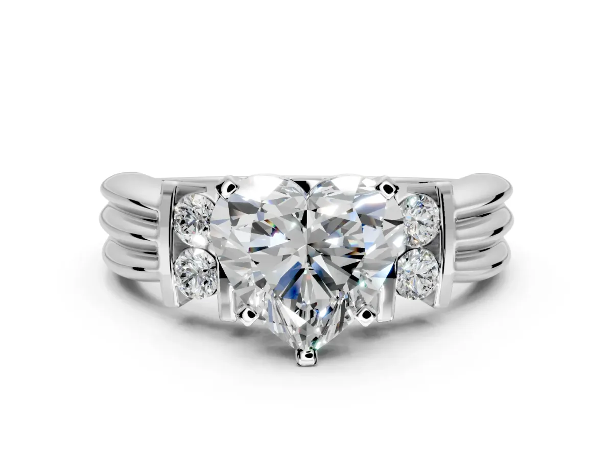 Solitaire Engagement Ring Setting for Heart-Shaped Center with Grooved Bar Accent Band and Prong Head in Platinum