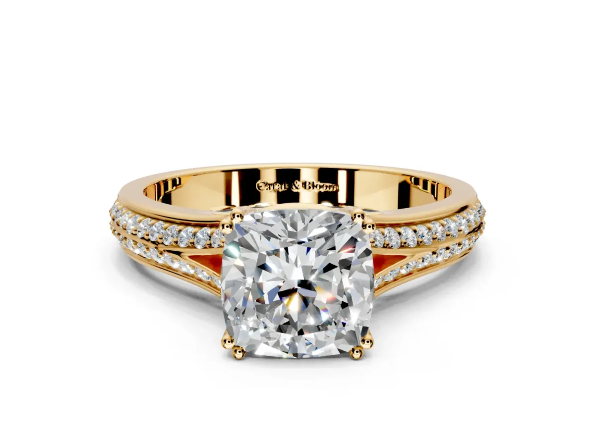 Solitaire Engagement Ring Setting for Cushion Cut Center with Pave Rail Split Shank and Prong Head in Yellow Gold