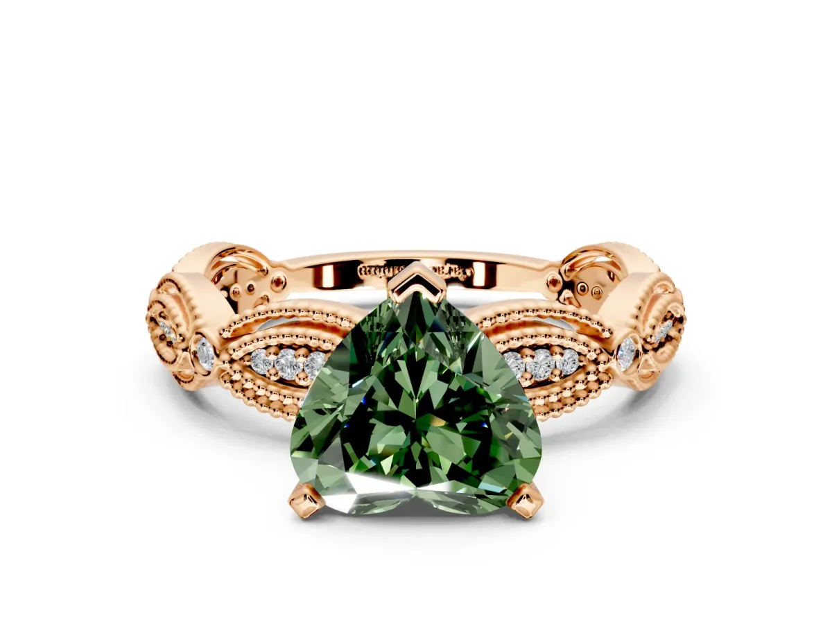 Solitaire Engagement Ring Setting for Fancy Green Heart-Shaped Center with Marquise Panel Band and Prong Head in Rose Gold