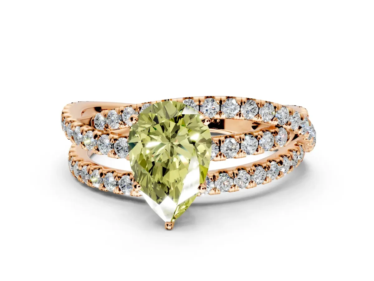 Solitaire Engagement Ring Setting for Fancy Yellow Pear-Shaped Center with Woven 3-Strand Pave Band and Prong Head in Rose Gold