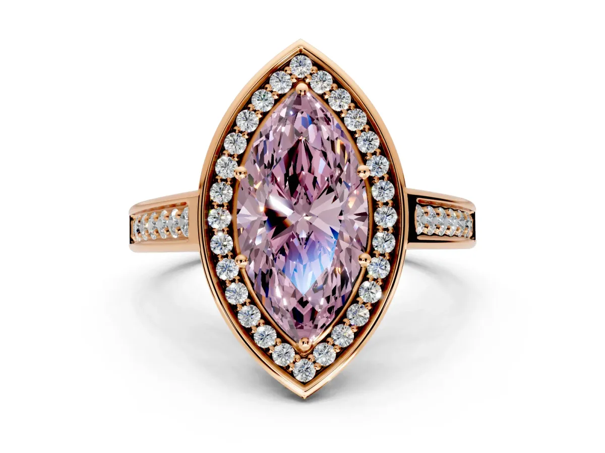 Halo Engagement Ring Setting for Fancy Pink Marquise Center with Outer Bezel Rim, Pave Band and Prong Head in Rose Gold