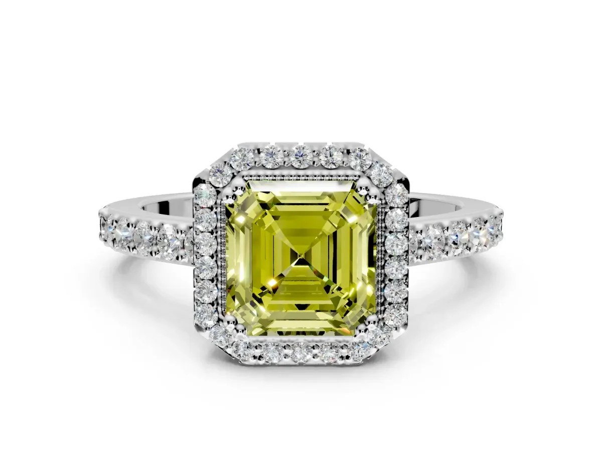 Halo Engagement Ring Setting for Fancy Yellow Asscher Cut Center with Inner Milgrain Border and Prong Head in Platinum