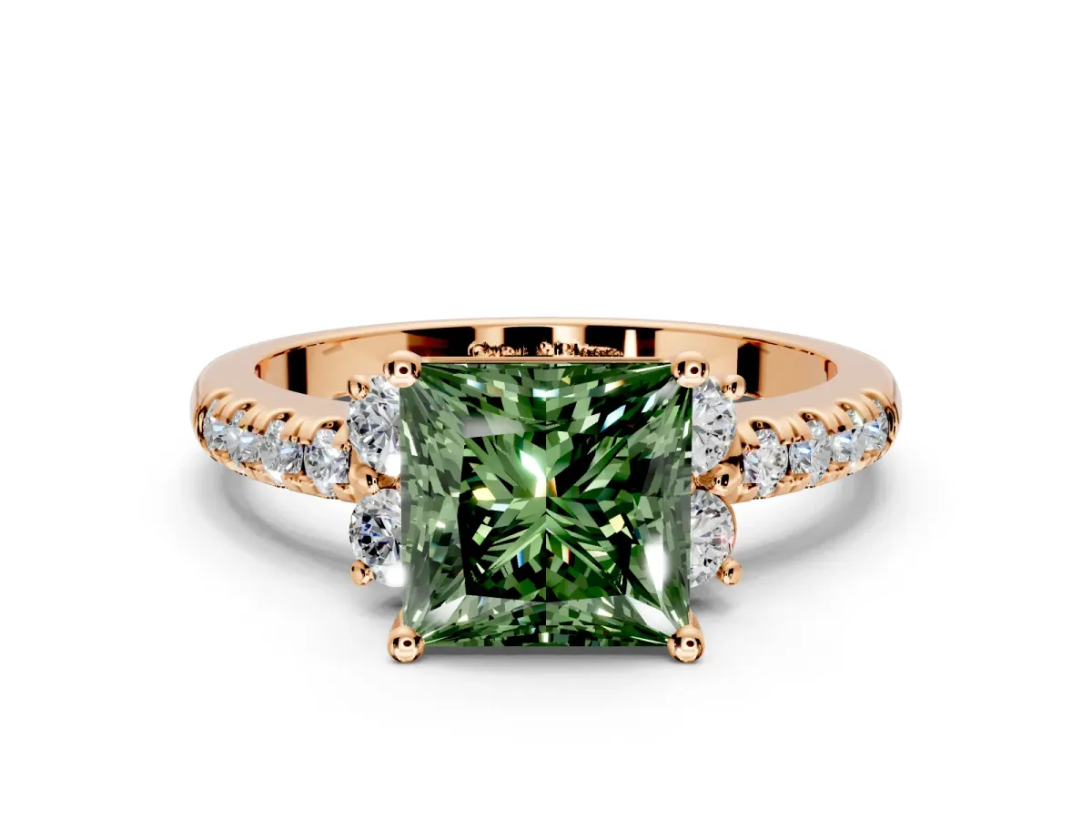 Paired Accent Engagement Ring Setting for Fancy Green Princess Cut Center with Pave Band and Prong Head in Rose Gold