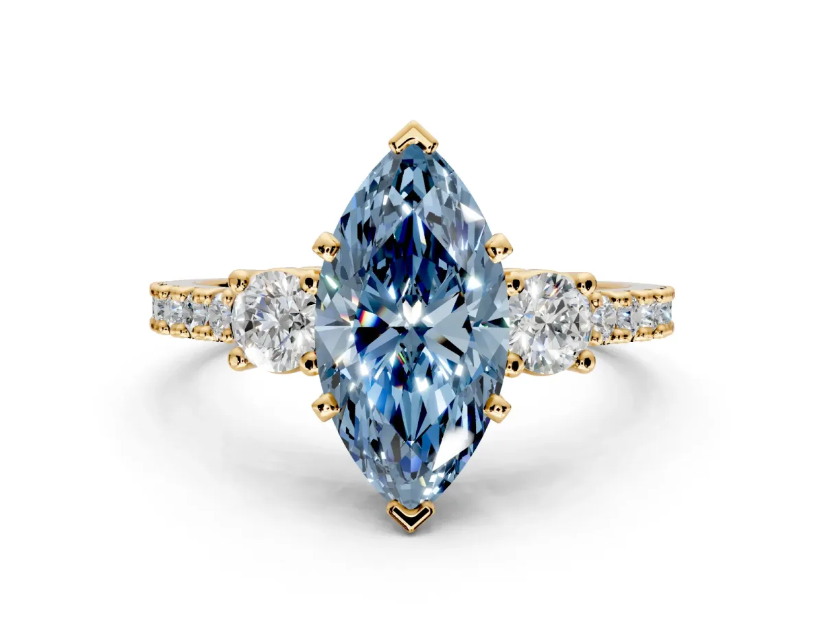 3 Stone Engagement Ring Setting for Fancy Blue Marquise Center with Round Cut Side Accents and Prong Head in Yellow Gold