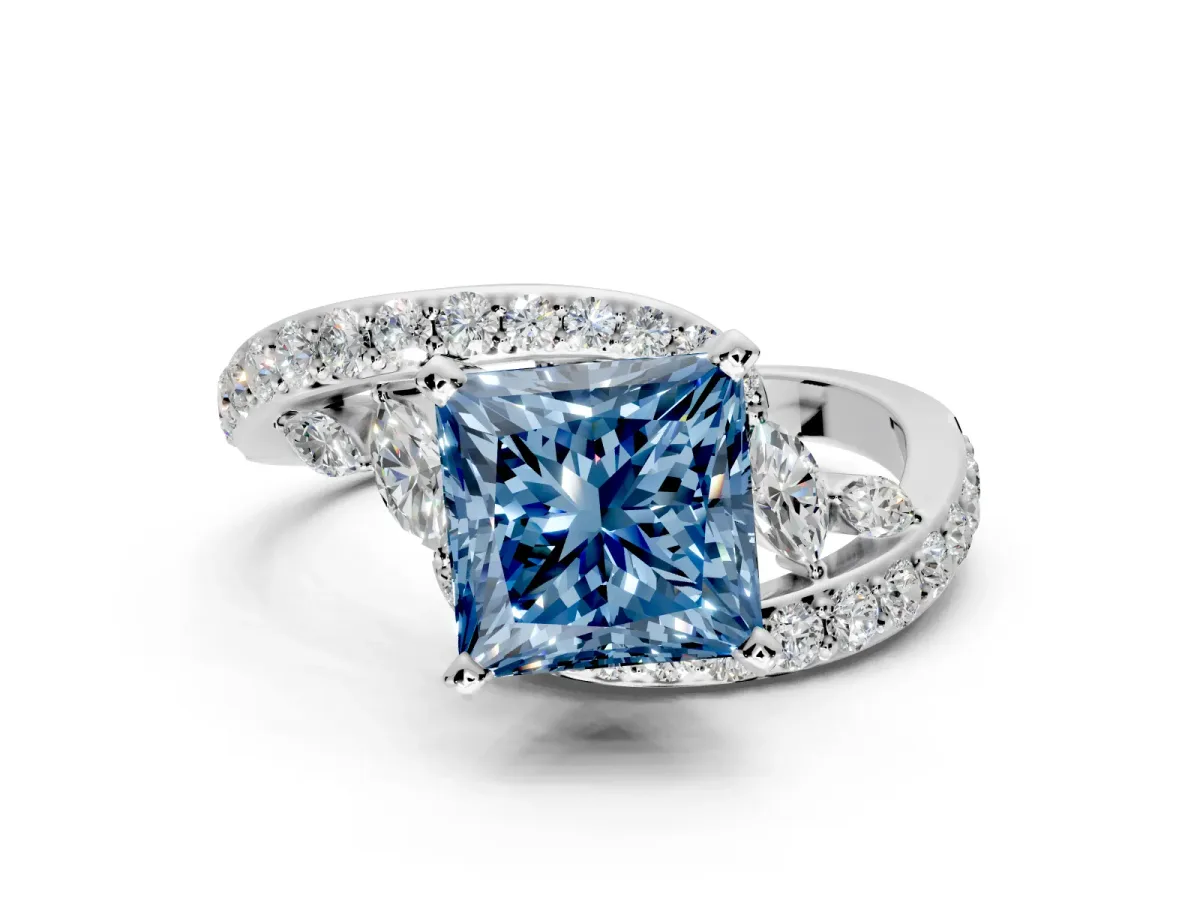 Solitaire Engagement Ring Setting for Fancy Blue Princess Cut Center with Pave Bypass Twist Band and Prong Head in Platinum