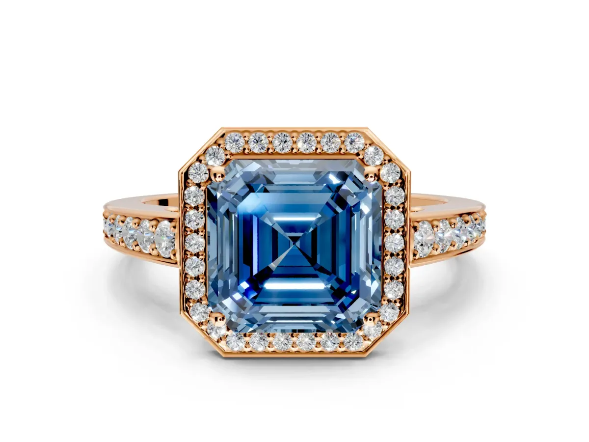 Bezel-Framed Halo Engagement Ring Setting for Fancy Blue Asscher Cut Center with Pave Band and Prong Head in Rose Gold