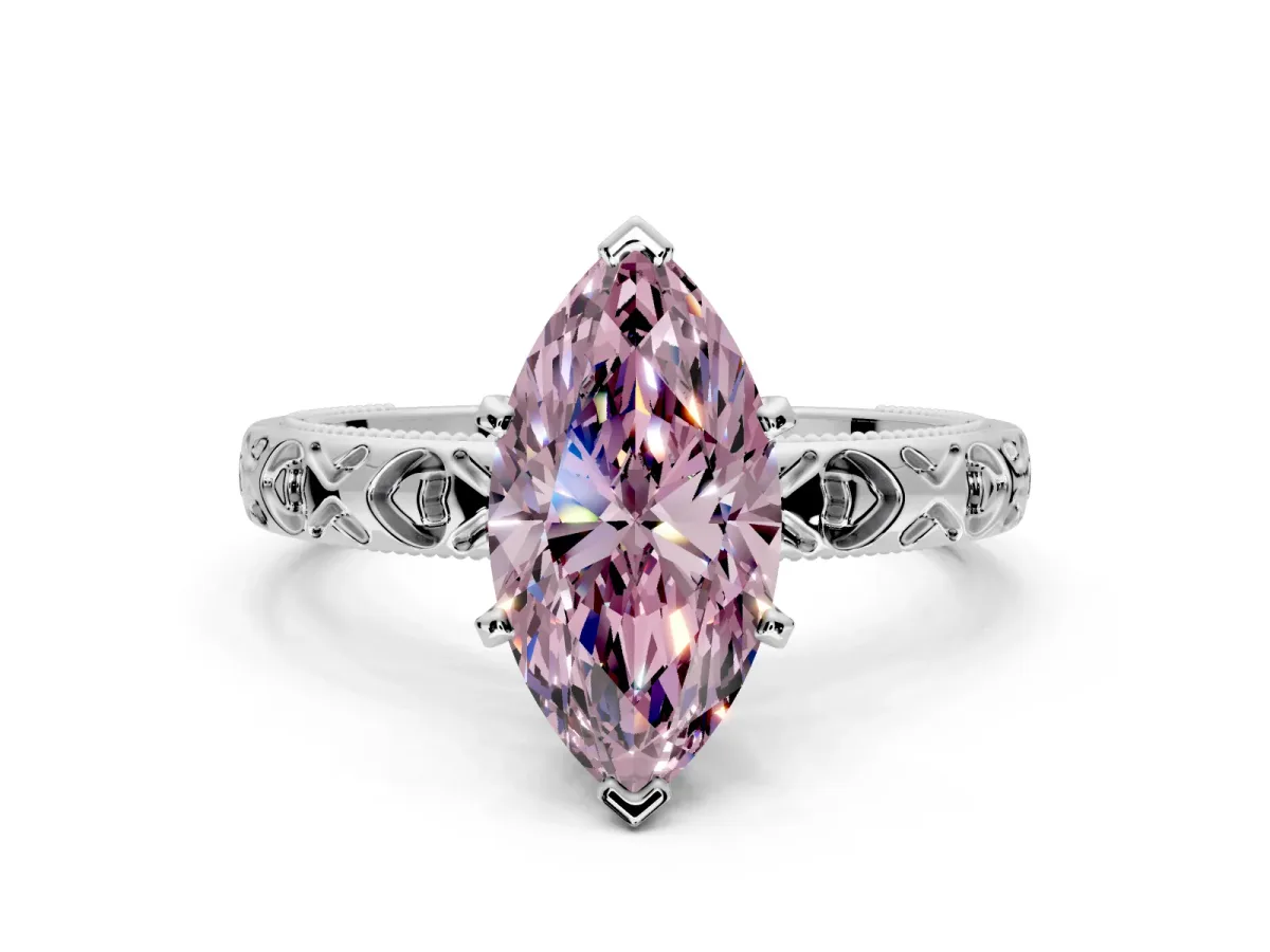 Solitaire Engagement Ring Setting for Fancy Pink Marquise Center with XO Engraved Band and Prong Head in Platinum
