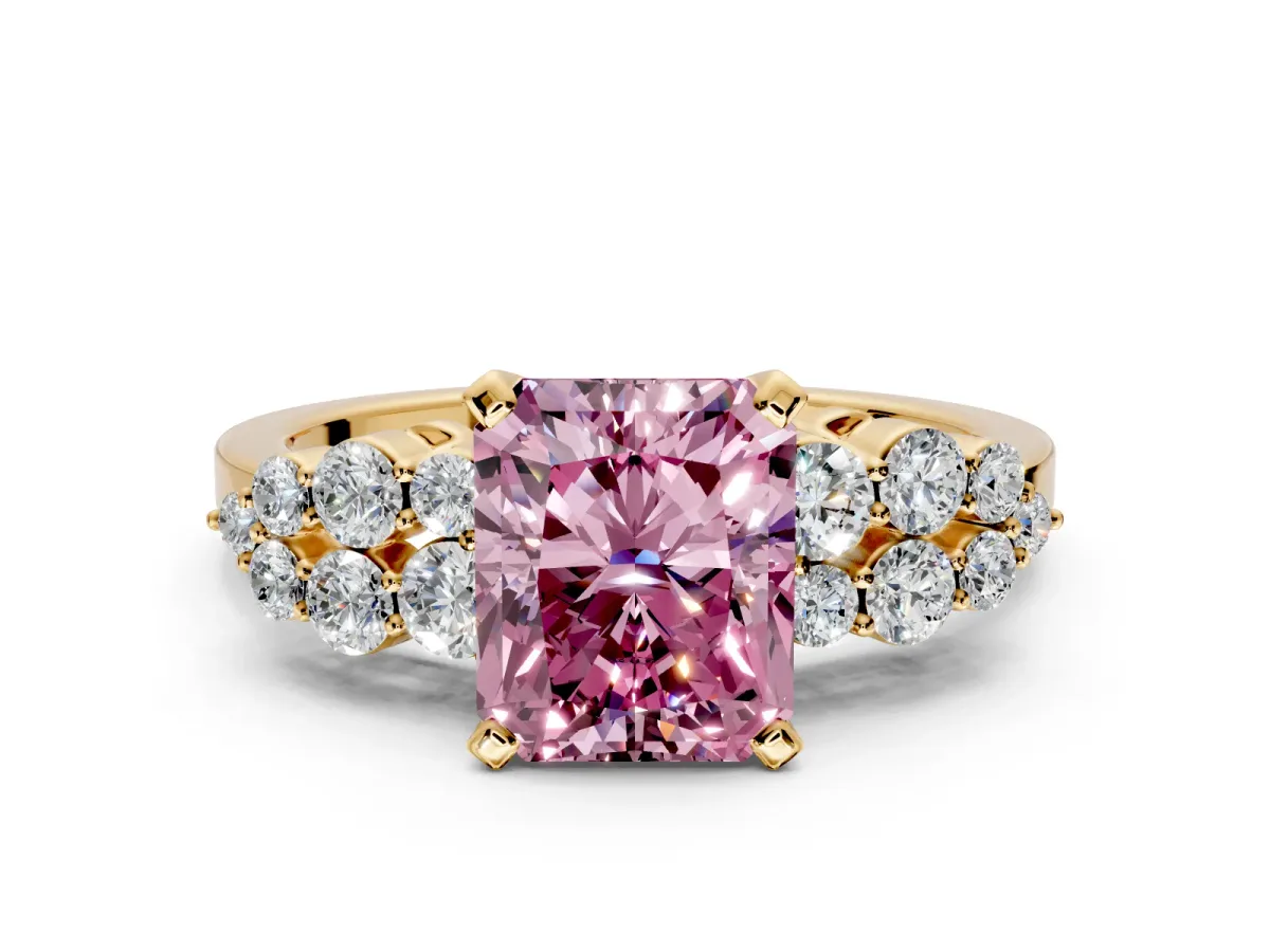 Cluster Engagement Ring Setting for Fancy Pink Radiant Cut Center with 2-Row Shoulder Clusters and Prong Head in Yellow Gold