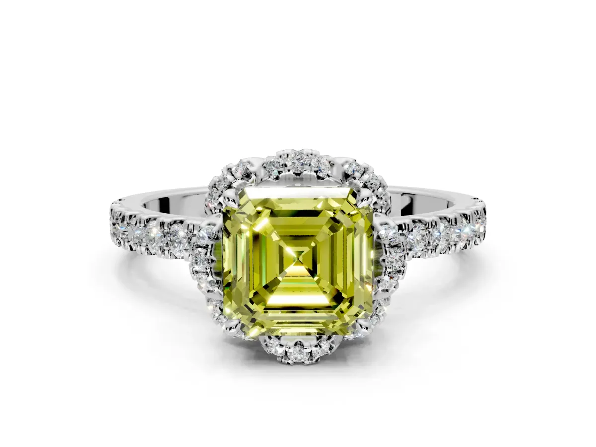 Halo Engagement Ring Setting for Fancy Yellow Asscher Cut Center with Openwork Halo, Pave Band and Prong Head in White Gold