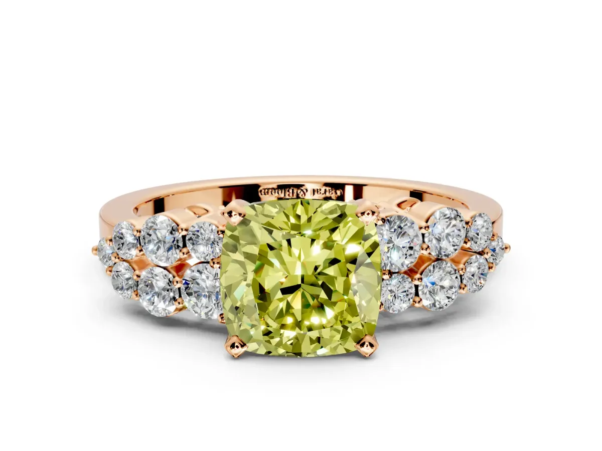 Cluster Engagement Ring Setting for Fancy Yellow Cushion Cut Center with 2-Row Shoulder Clusters and Prong Head in Rose Gold