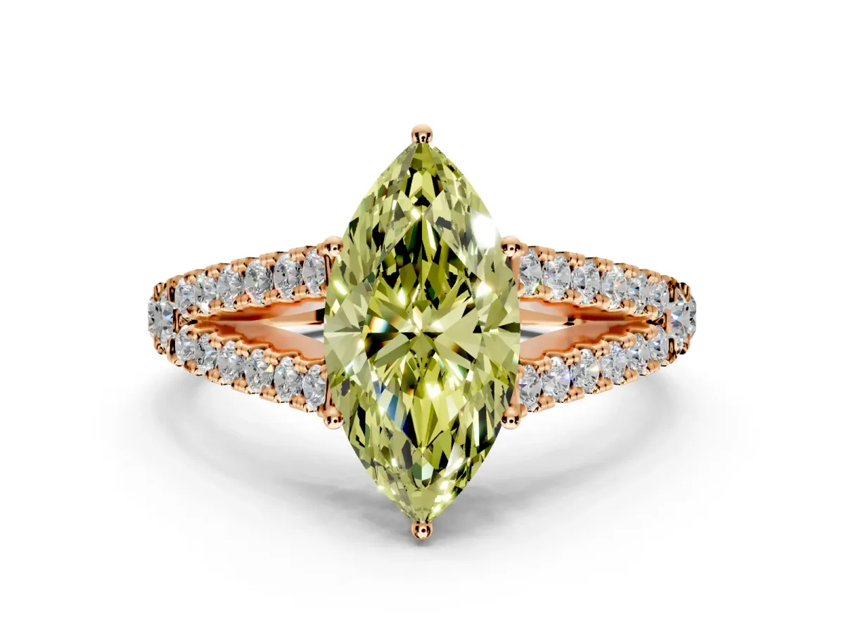 Solitaire Engagement Ring Setting for Fancy Yellow Marquise Center with Pave Split Shank and Prong Head in Rose Gold