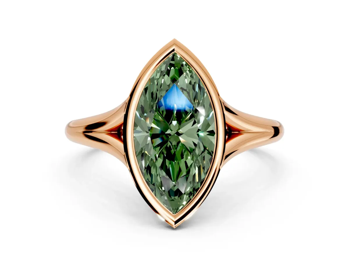 Solitaire Engagement Ring Setting for Fancy Green Marquise Center with V Split Shank and Bezel Head in Rose Gold
