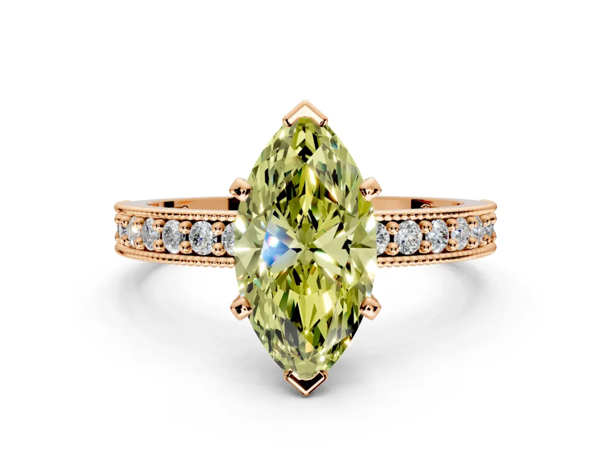 Milgrain Pave Engagement Ring Setting for Fancy Yellow Marquise Center with Accent Band and Prong Head in Rose Gold
