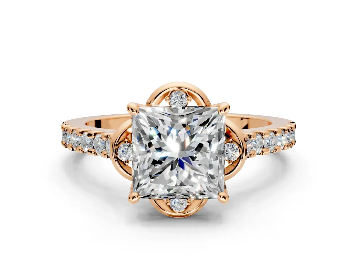 Floral Engagement Ring Setting for Princess Cut Center with Pave Band and Floral Prong Head in Rose Gold