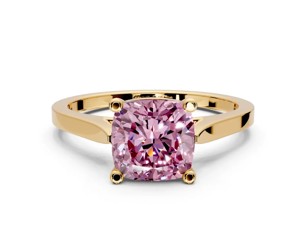 Solitaire Engagement Ring Setting for Fancy Pink Cushion Cut Center with Tapered Shoulders and Prong Head in Yellow Gold
