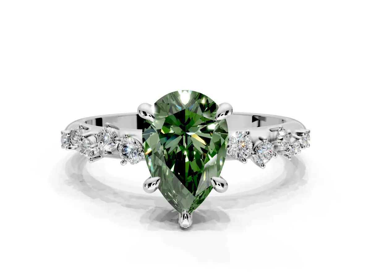 Solitaire Engagement Ring Setting for Fancy Green Pear-Shaped Center with Trailing Leaf Accent Band and Prong Head in Sterling Silver