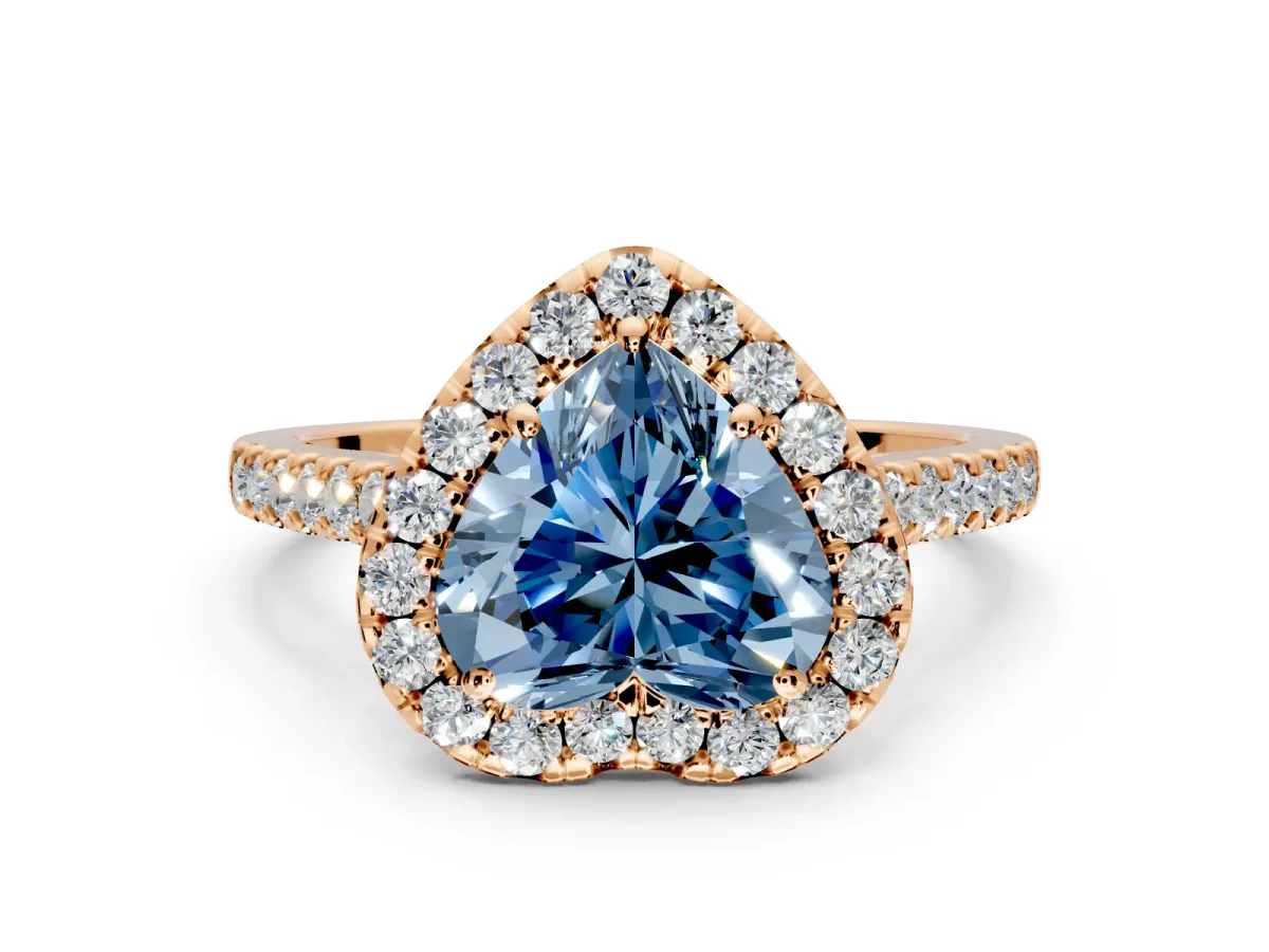 Halo Engagement Ring Setting for Fancy Blue Heart-Shaped Center with Narrowing Pave Band and Prong Head in Rose Gold