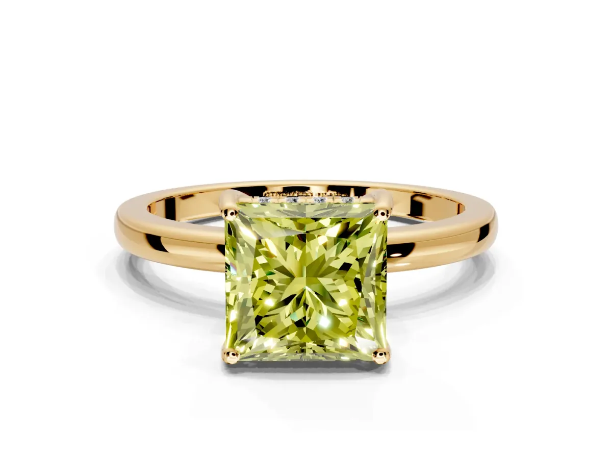 Solitaire Engagement Ring Setting for Fancy Yellow Princess Cut Center with Fine Wire Band and Prong Head in Yellow Gold