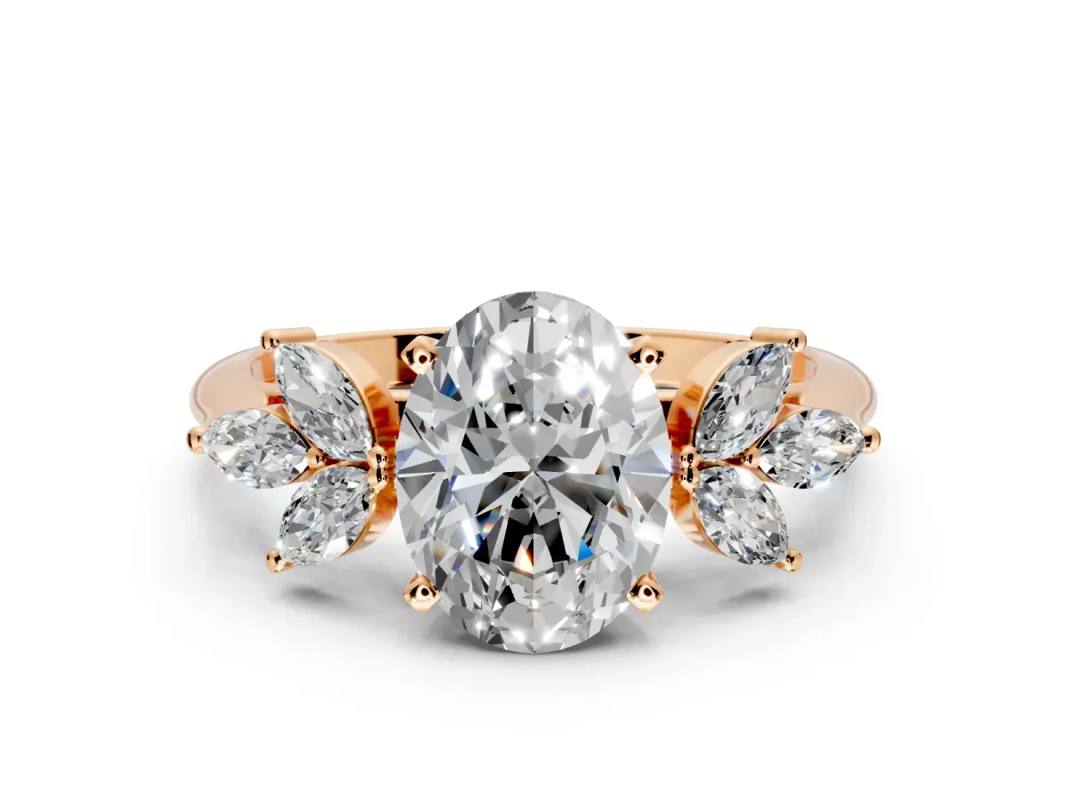 Floral Cluster Engagement Ring Setting for Oval Center with Marquise Accents and Prong Head in Rose Gold