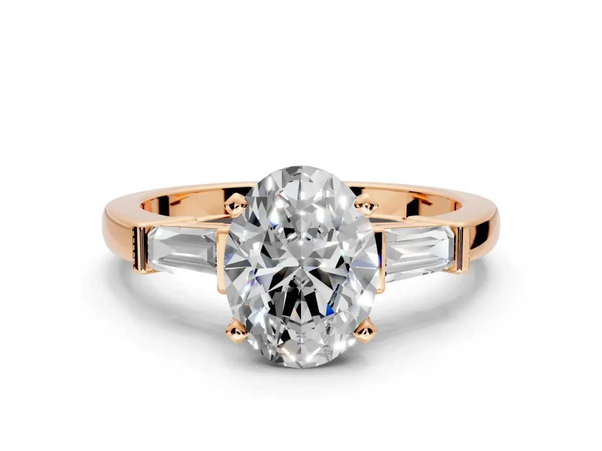 3 Stone Engagement Ring Setting for Oval Center with Channel Baguette Accents and Prong Head in Rose Gold