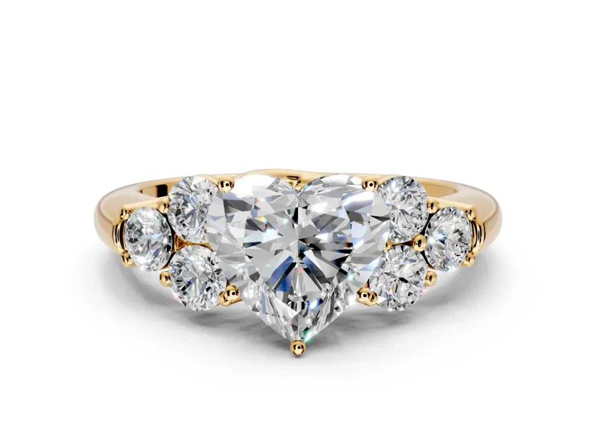 Cluster Engagement Ring Setting for Heart-Shaped Center with Round Cut Accent Frame and Prong Head in Yellow Gold