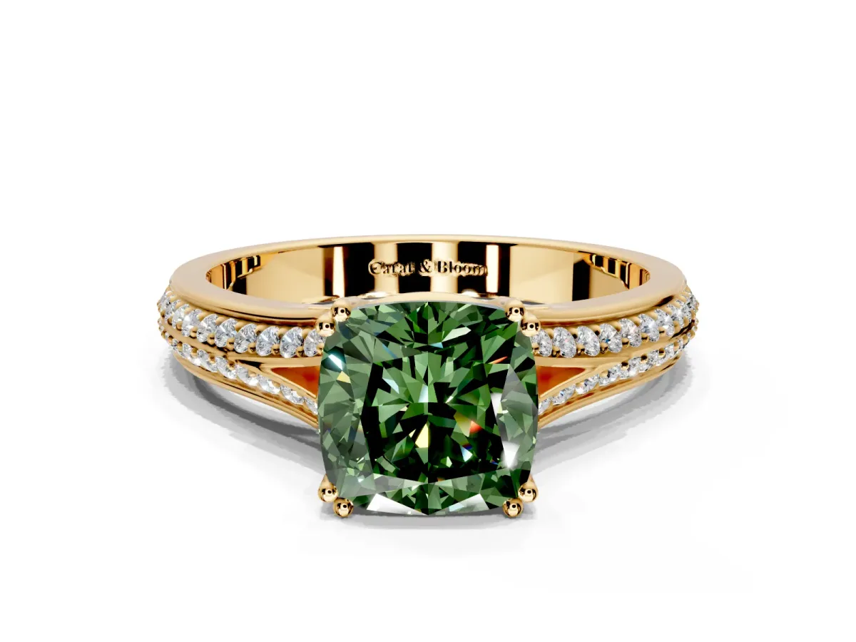 Solitaire Engagement Ring Setting for Fancy Green Cushion Cut Center with Pave Rail Split Shank and Prong Head in Yellow Gold