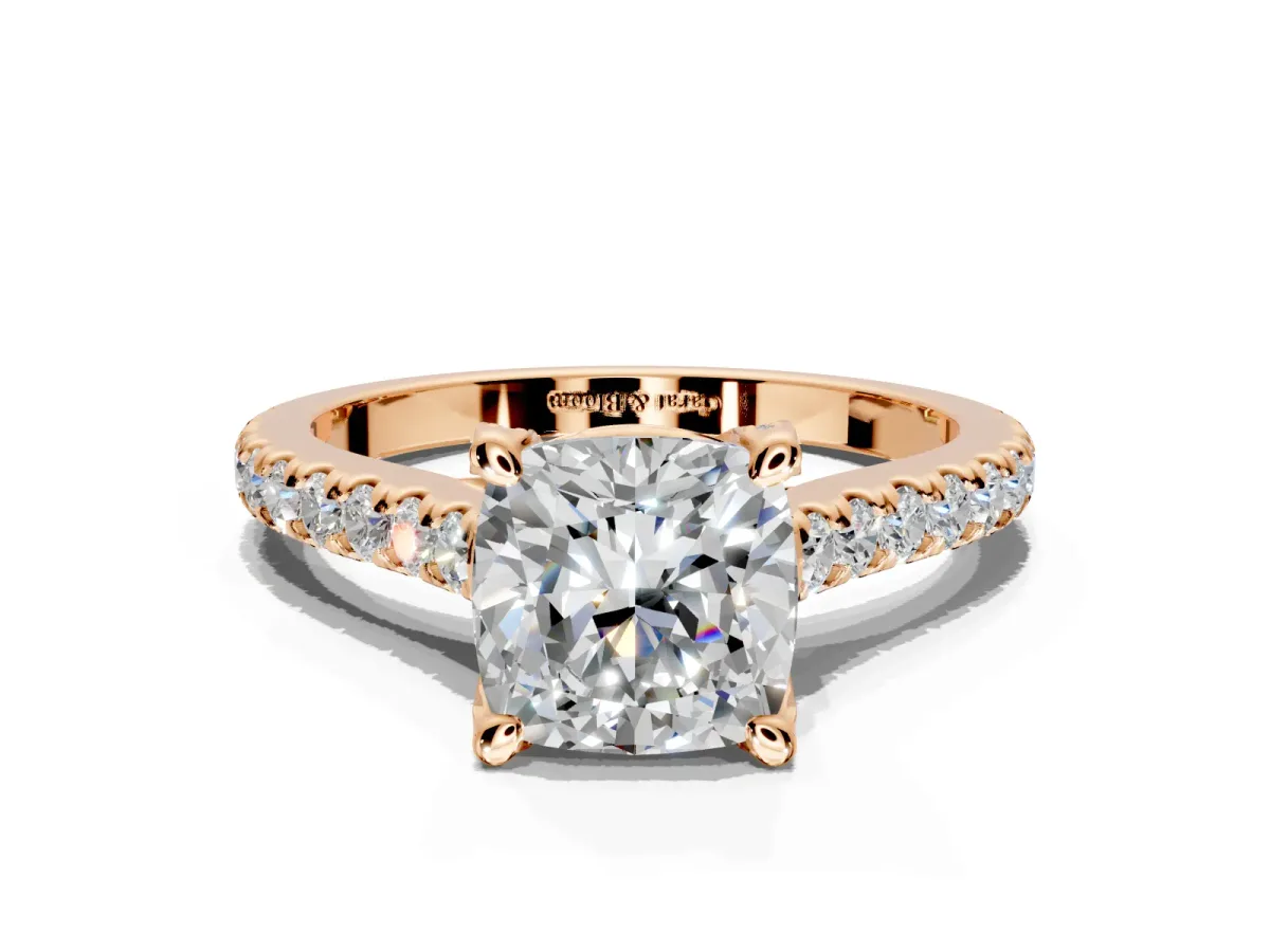 Solitaire Engagement Ring Setting for Cushion Cut Center with Widening Pave Band and Claw Prong Head in Rose Gold