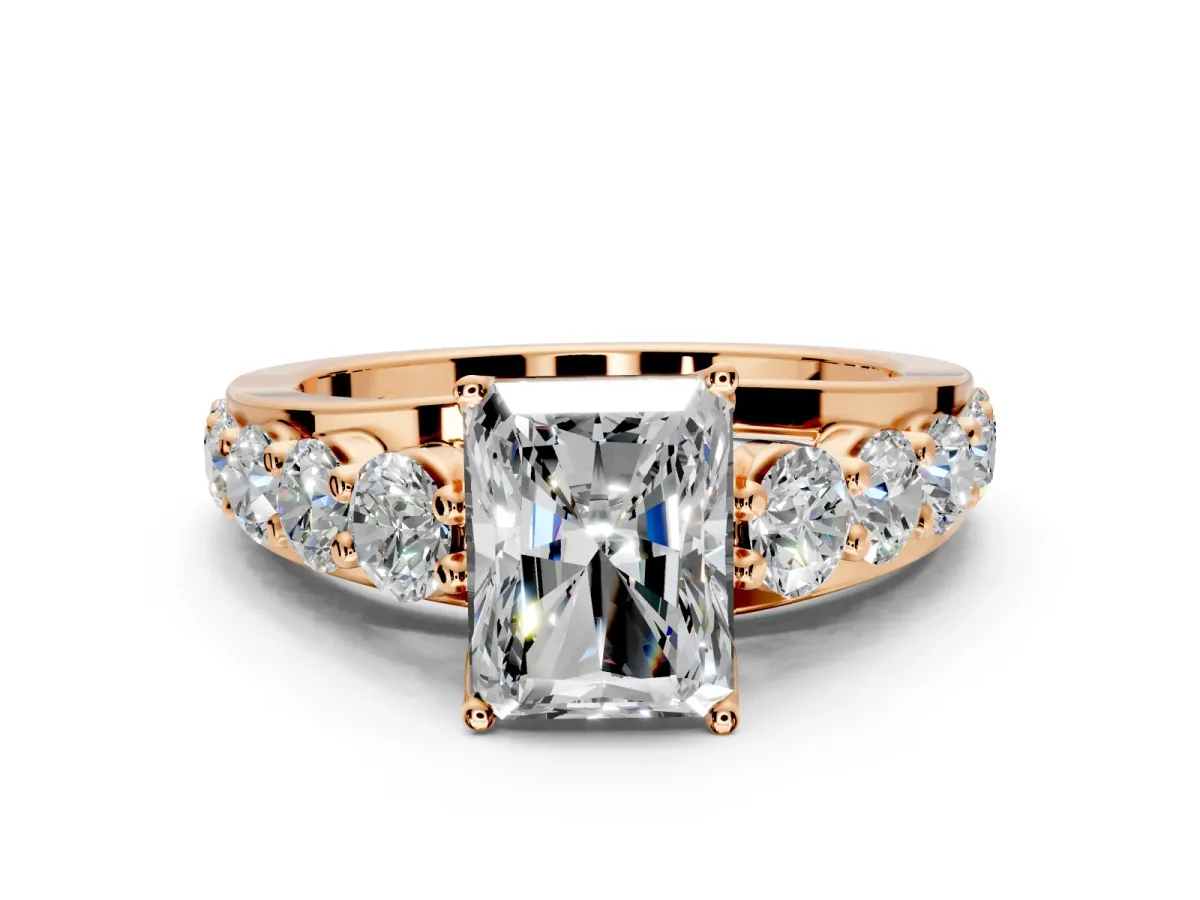Solitaire Engagement Ring Setting for Radiant Cut Center with Graduated Shared Prongs and Prong Head in Rose Gold
