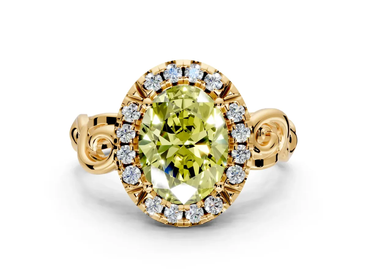 Halo Engagement Ring Setting for Fancy Yellow Oval Center with Open Scroll Shoulders and Prong Head in Yellow Gold
