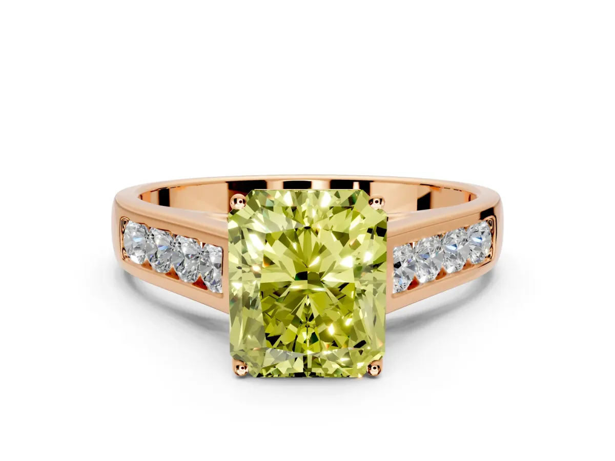 Solitaire Engagement Ring Setting for Fancy Yellow Radiant Cut Center with Round Cut Channel Band and Prong Head in Rose Gold