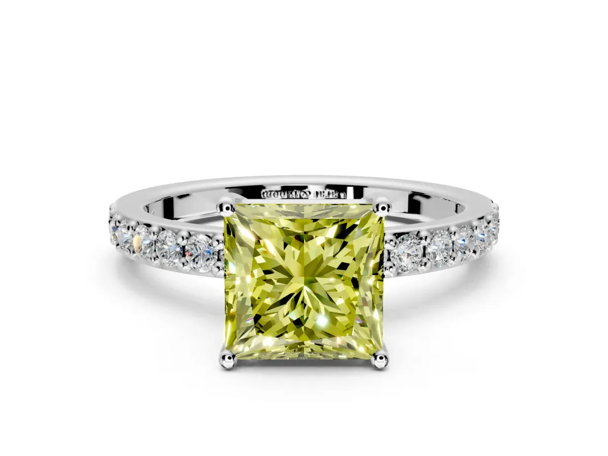 Solitaire Engagement Ring Setting for Fancy Yellow Princess Cut Center with Round Cut Pave Band and Prong Head in Sterling Silver