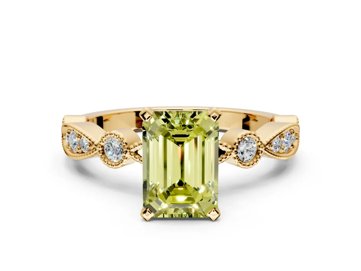 Solitaire Engagement Ring Setting for Fancy Yellow Emerald Cut Center with Milgrain Bezel Accents and Prong Head in Yellow Gold