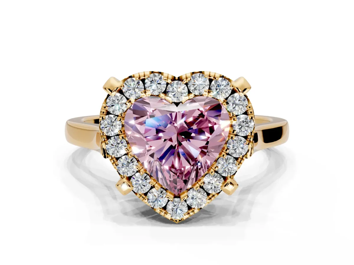 Single Halo Engagement Ring Setting for Fancy Pink Heart-Shaped Center with Corner Claws, Plain Band and Prong Head in Yellow Gold
