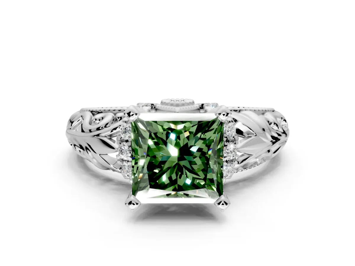 Solitaire Engagement Ring Setting for Fancy Green Princess Cut Center with Filigree Accent Basket and Prong Head in White Gold