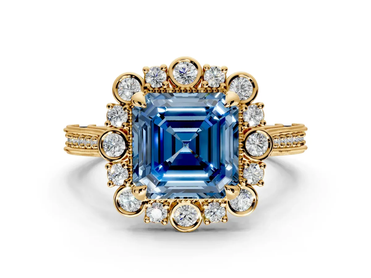 Milgrain Halo Engagement Ring Setting for Fancy Blue Asscher Cut Center with Bezel Point Accents and Prong Head in Yellow Gold