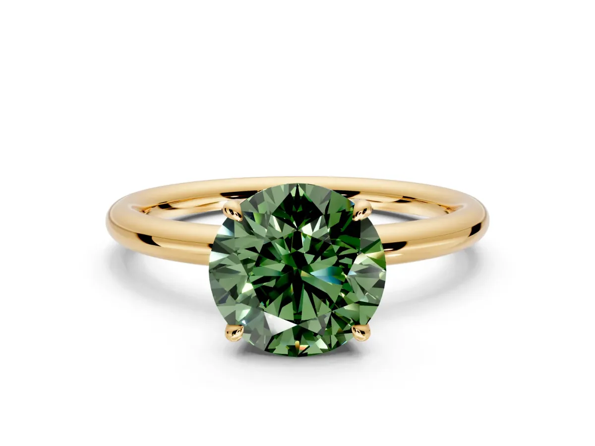 Hidden Halo Engagement Ring Setting for Fancy Green Round Cut Center with Thin Rounded Band and Prong Head in Yellow Gold