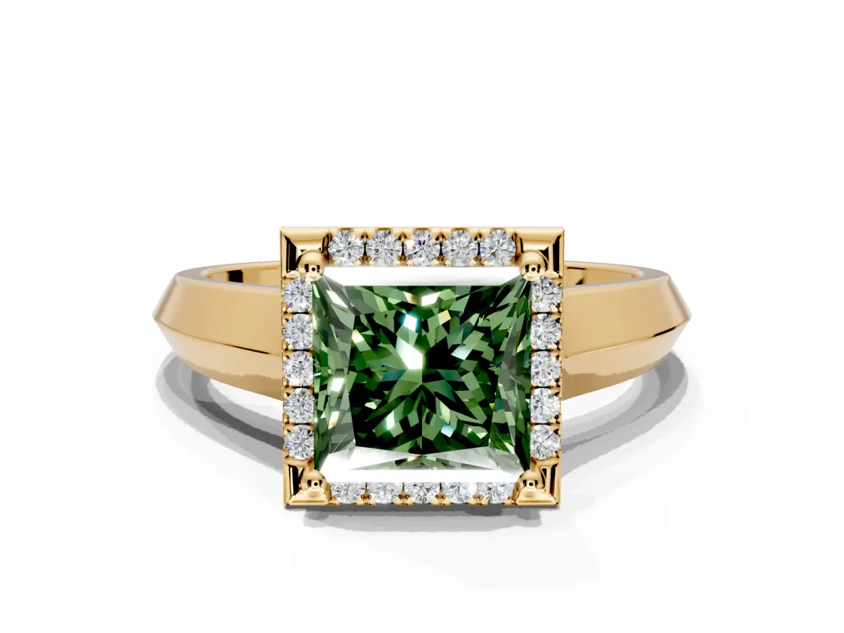Halo Engagement Ring Setting for Fancy Green Princess Cut Center with Knife Ridge Cathedral Band and Prong Head in Yellow Gold