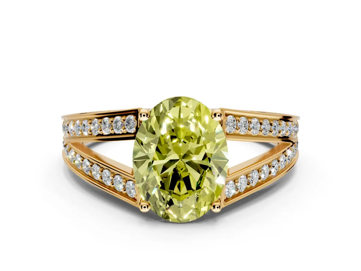 Split Shank Engagement Ring Setting for Fancy Yellow Oval Center with Pave Split Shank and Prong Head in Yellow Gold