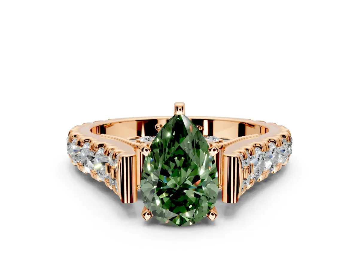 Solitaire Engagement Ring Setting for Fancy Green Pear-Shaped Center with Pave Cathedral Shoulders and Prong Head in Rose Gold
