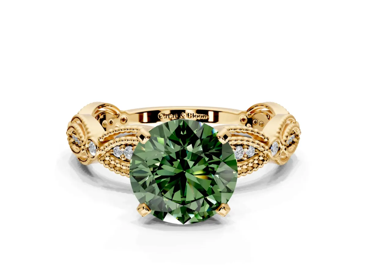Solitaire Engagement Ring Setting for Fancy Green Round Cut Center with Marquise Panel Band and Prong Head in Yellow Gold
