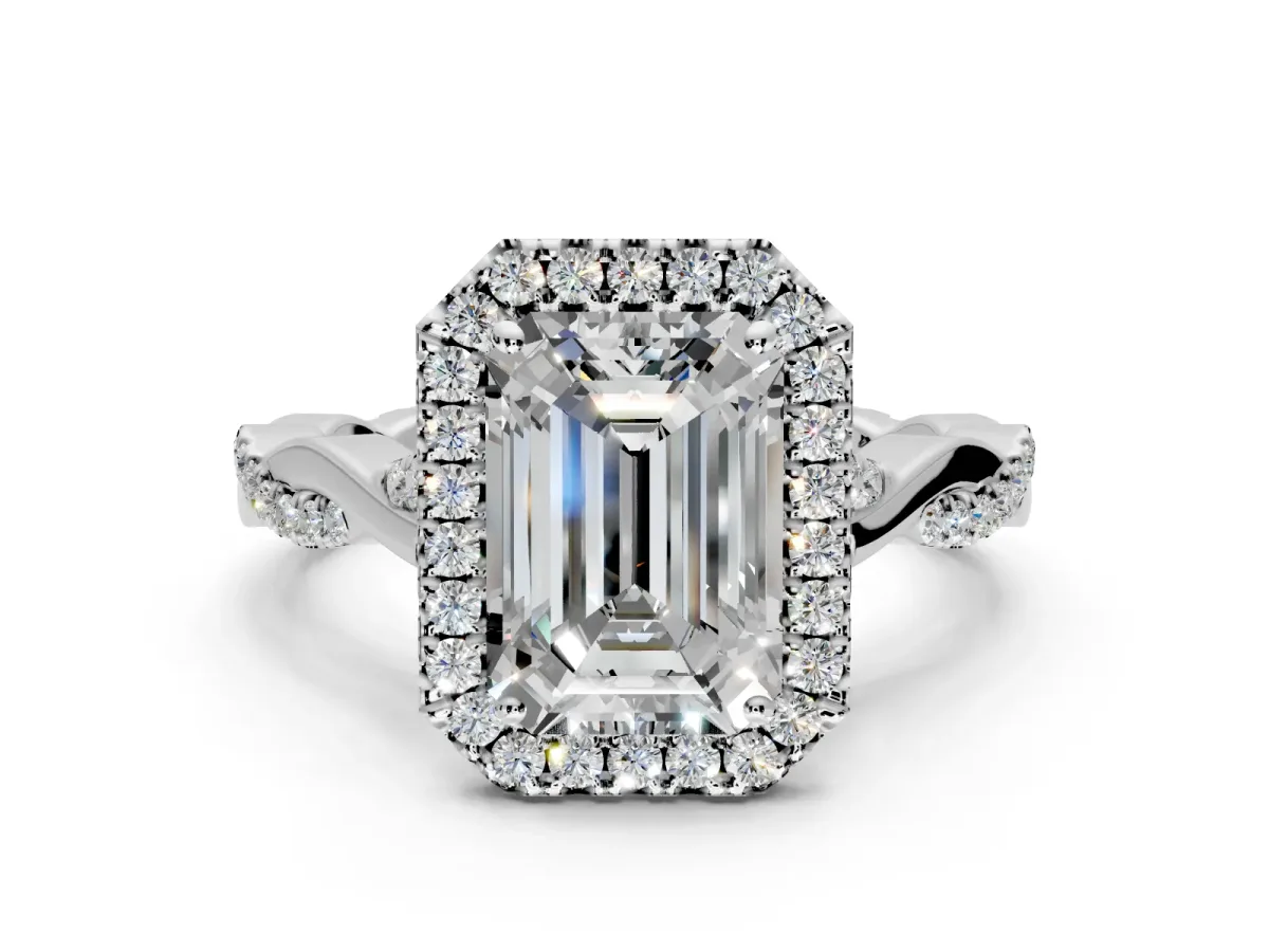 Halo Engagement Ring Setting for Emerald Cut Center with Twist Band and Prong Head in Sterling Silver