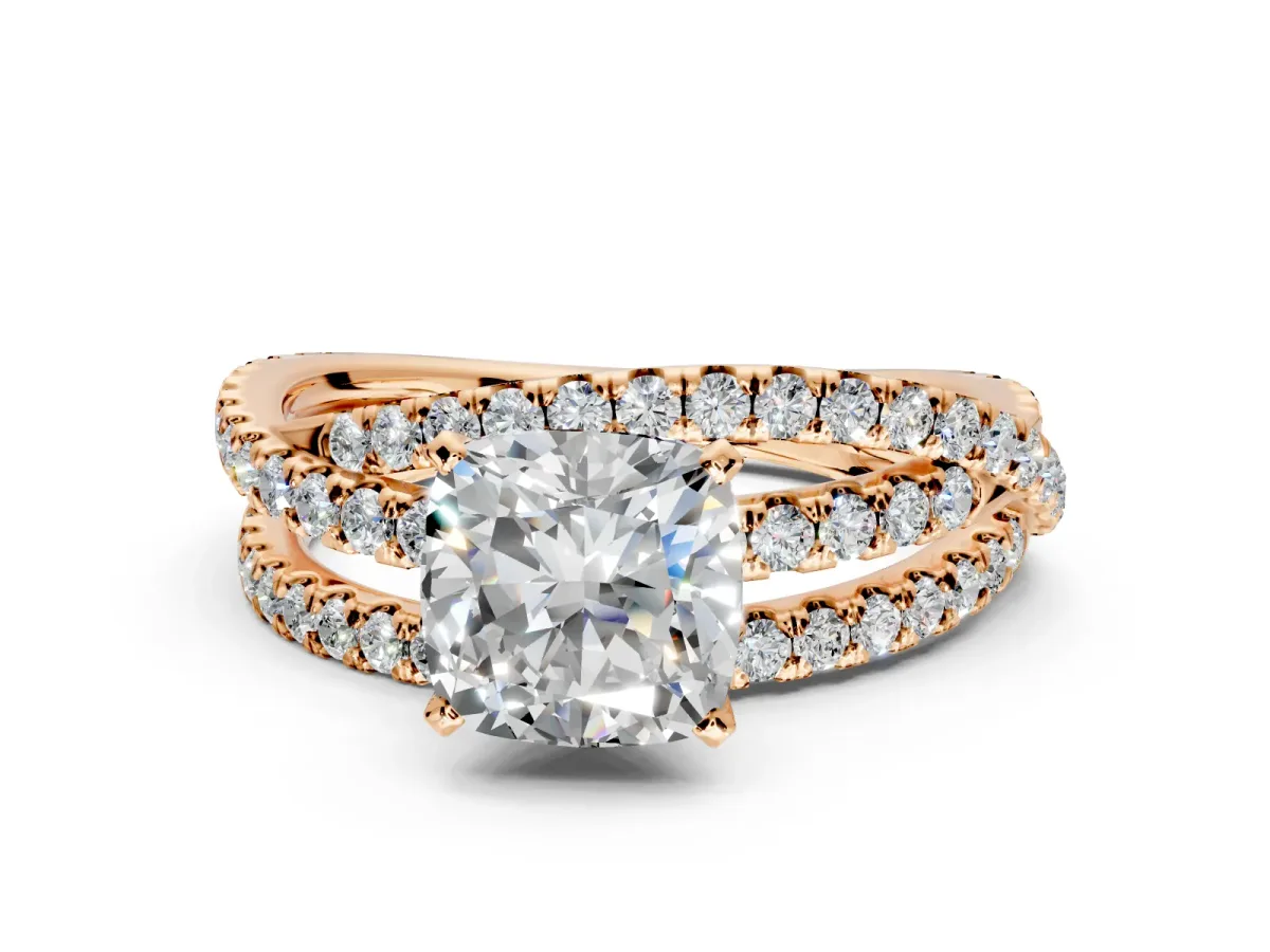 Solitaire Engagement Ring Setting for Cushion Cut Center with Woven 3-Strand Pave Band and Prong Head in Rose Gold