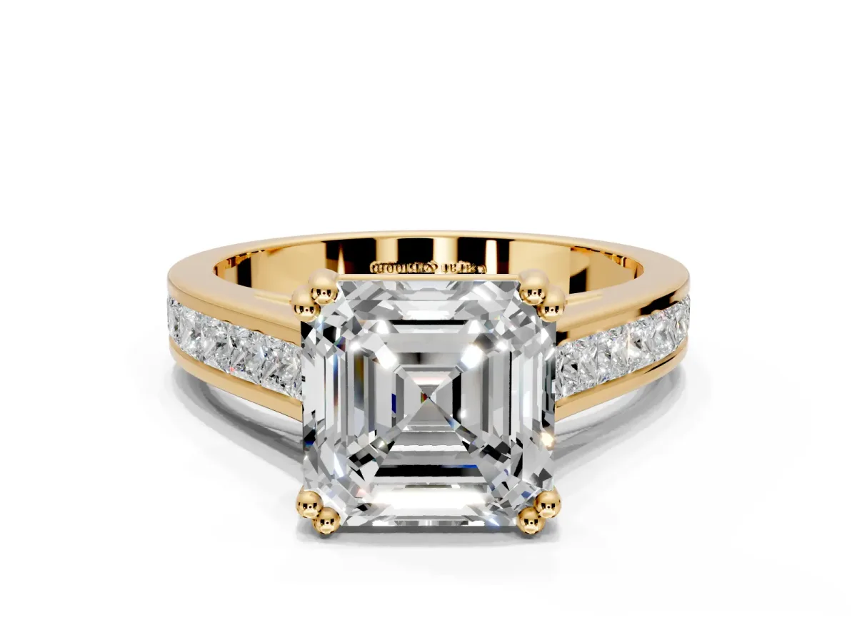Solitaire Engagement Ring Setting for Asscher Cut Center with Channel Band and Double Claw Prong Head in Yellow Gold