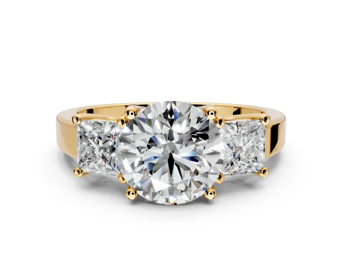 3 Stone Engagement Ring Setting for Round Cut Center with Matching Side Accents and Prong Head in Yellow Gold