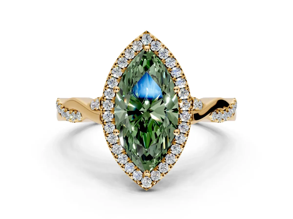 Halo Engagement Ring Setting for Fancy Green Marquise Center with Twist Band and Prong Head in Yellow Gold