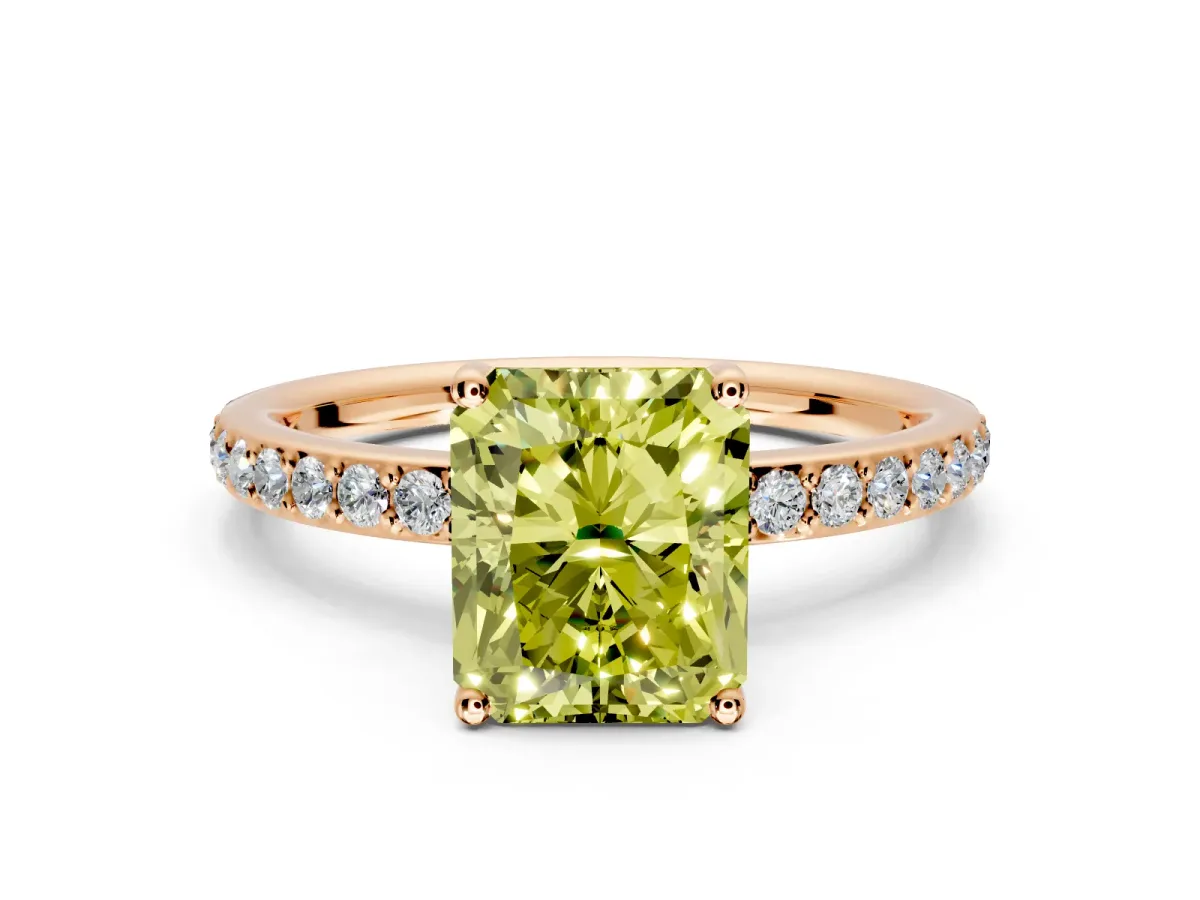 Solitaire Engagement Ring Setting for Fancy Yellow Radiant Cut Center with Fine Pave Band and Prong Head in Rose Gold